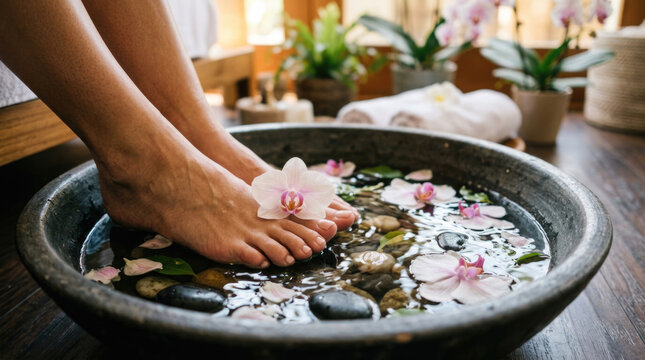 Relaxing Spa Foot Bath with Orchid Flowers and Natural Stones in Wellness Salon