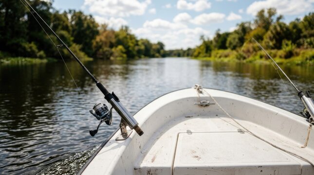Fishing Rods Mounted on Small Boat During Peaceful Summer River Fishing Trip
