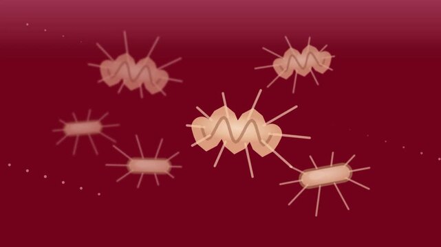 Microscopic pathogens floating within a deep red biological fluid