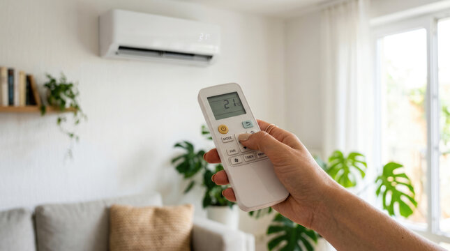 Hand Using Remote Control to Adjust Air Conditioner Temperature in Bright Modern Living Room