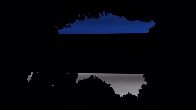 Animated map of Estonia filled with blue, black and white national flag colors. Isolated footage with alpha channel for travel, geography and country projects