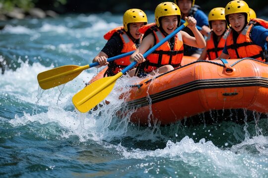 Kids in helmets and life jackets paddle orange raft down fast river rapids. Friends have fun during exciting water sport adventure. Group enjoys extreme whitewater activity.