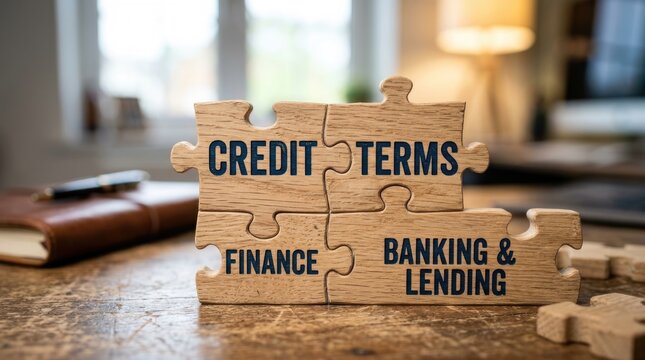Credit Terms Banking and Lending Concept Displayed on Interlocking Wooden Puzzle Pieces