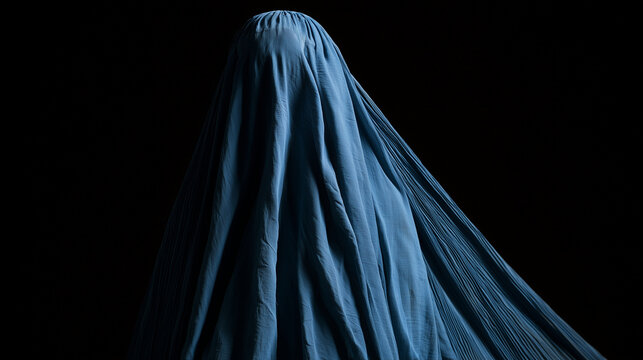 Woman wearing a traditional blue burqa standing against a dark background, symbolizing culture, identity, and the complex layers of tradition and privacy. Afghan culture, burqa por