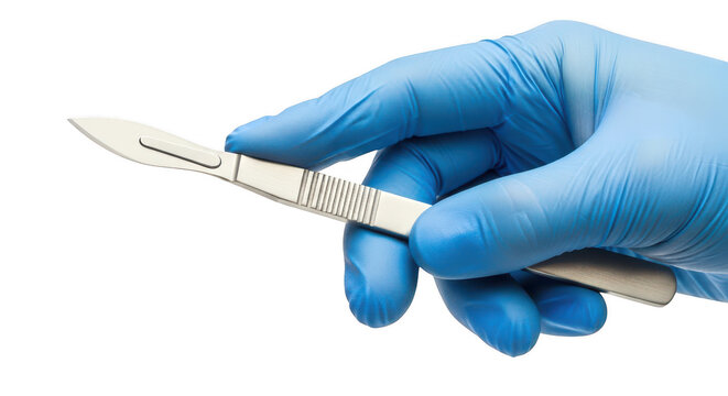 Surgical scalpel held by gloved hand