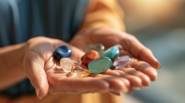 close-up of healing reiki chakra crystals resting on a woman's palms in bright even lighting, face out of frame, gemstone therapy concept, meditation, stress relief, bright, with