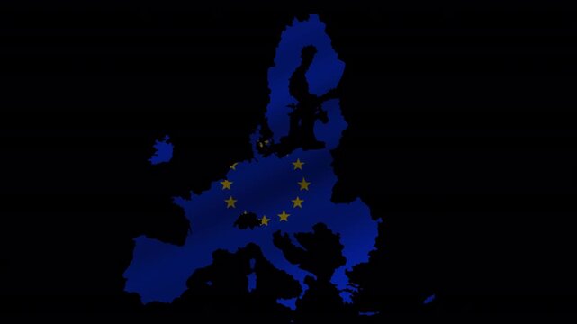 Animated map of Europe filled with European Union flag colors and stars, waving with alpha channel. 4K motion graphic for Europe, politics, geography and news