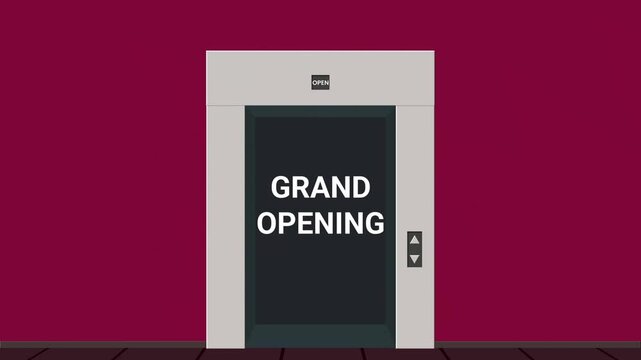 Elevator doors opening with Grand Opening text inside