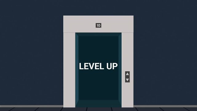 Elevator doors opening with Level Up text inside. Gamification and success motion graphics animation.