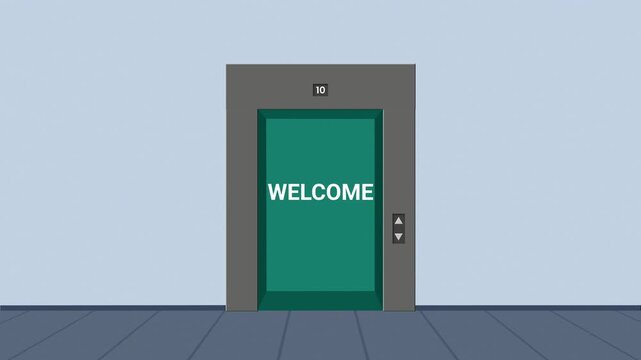 Elevator doors opening with Welcome text inside. Flat 2D motion graphic design animation.