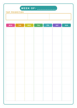 Pastel weekly planner template page with important events and goals sections - design for printable planners, office stationery, and digital study journals. Transparent EPS version.