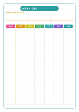 Pastel weekly planner template page with important events and goals sections - design for printable planners, office stationery, and digital study journals. Transparent SVG version.