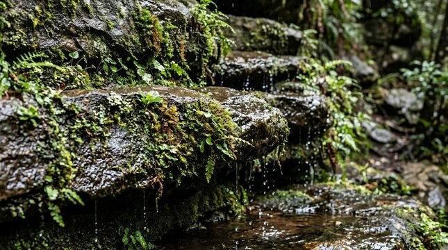 Serene natural spring with fresh water trickling over dark mossy stones and green plants in a wild woodland setting.