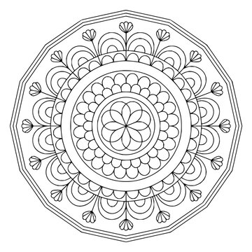 Elegant circular mandala line art with symmetrical floral buds, scalloped concentric layers, and a clean decagonal border for relaxing creative coloring activities