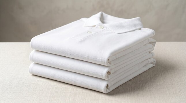 Stack of neatly folded white cotton polo shirts on a textured fabric surface, clean minimalist apparel mockup for retail or laundry concept