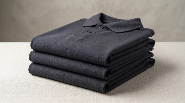 Neatly folded charcoal grey polo shirts stacked on a light textured surface, minimalist clothing display for retail or laundry concept