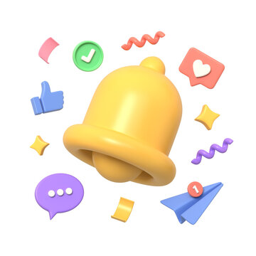 Vibrant 3D notification bell surrounded by various social media icons and decorative elements.3d render