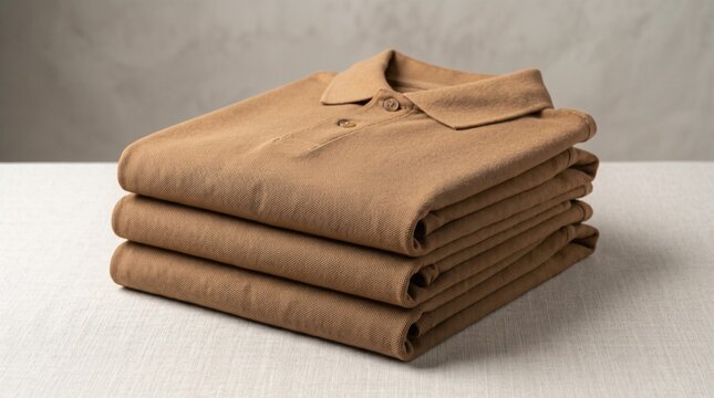 Stack of neatly folded camel brown polo shirts on a light linen surface against a neutral background, representing organized wardrobe, retail display, or laundry concept