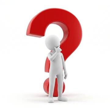3d render of a stick figure pondering near a large red question mark
