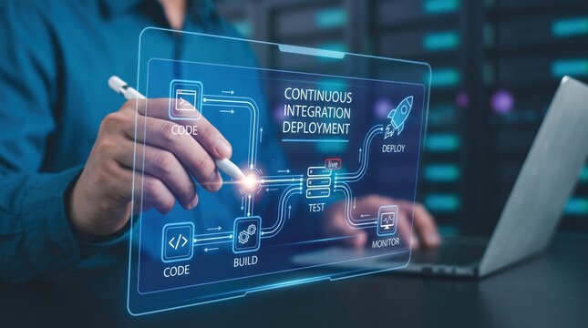 Business professional managing an advanced continuous integration and deployment (CI/CD) concept on a holographic screen, symbolizing modern software delivery and IT operations