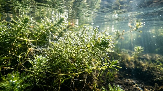 Beautiful Underwater Scene of Lush Green Pond Weeds Producing Oxygen Bubbles Under Bright Natural Sunlight Rays