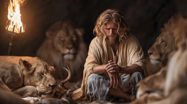 Daniel kneeling peacefully among the lions in the den during his miraculous deliverance.