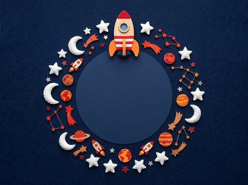 Colorful space elements arranged in a circular wreath with a rocket