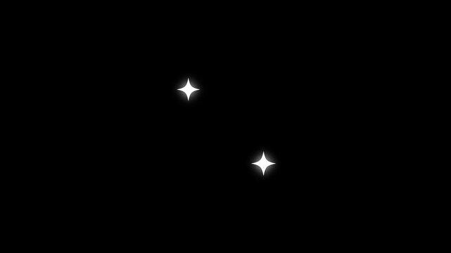 white cartoon blinking stars, fast glowing line motion,Sparkle twinkle star animation, glowing white doodle stars,2D shining twinkle effect on black screen background.