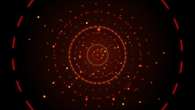 Abstract futuristic circular hud display with red and yellow particles moving on black background.
