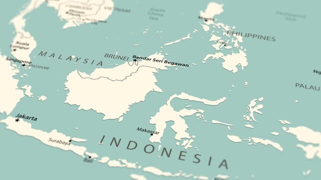 Detailed political map of Asia with countries and capitals, smooth camera movement