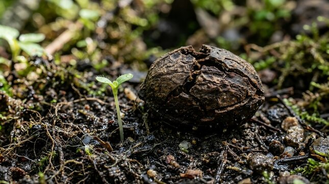 Small Green Sprout Growing From Dark Fertile Soil Beside a Cracked Walnut Shell Representing New Life and Nature Growth