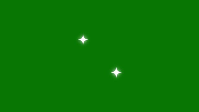 white cartoon blinking stars, fast glowing line motion,Sparkle twinkle star animation, glowing white doodle stars,2D shining twinkle effect on green screen background.