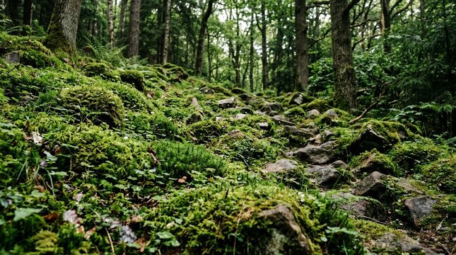 Natural Scenic View of a Mossy Forest Floor with Green Rocks and Majestic Trees in a Dense Woodland Environment