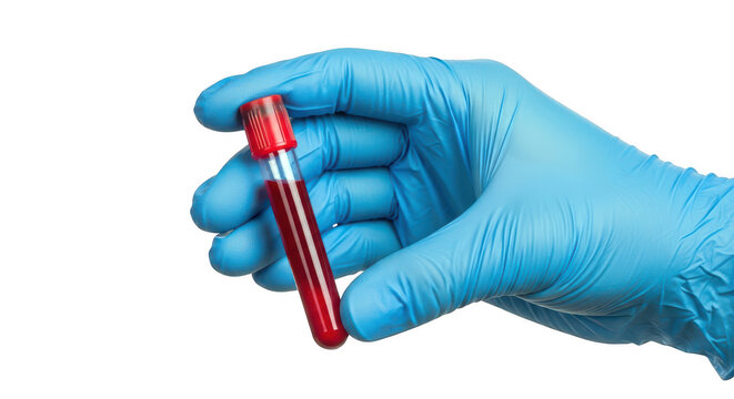 Hand in blue nitrile glove holding a red pen