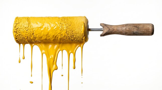Golden honey drips from paint roller isolated on white background