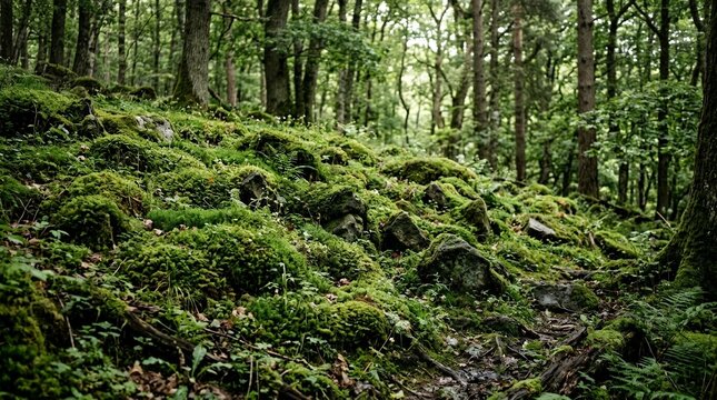 Lush Green Mossy Forest Landscape with Stones and Tall Trees in a Wild Woodland Environment with Natural Daylight