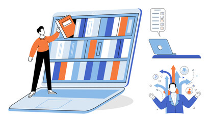 Person organizing books on a digital laptop library screen vector illustration. E-learning, remote education, knowledge management, information access, academic research, digital literacy. Student © Dmytro