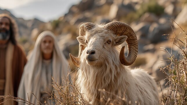 Abraham and Isaac witnessing the ram caught in a thicket on Mount Moriah as divine provision.
