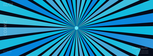 Fototapeta premium Retro blue sunburst background, vintage radial rays pattern, comic style pop art burst, wide cinematic banner vector
