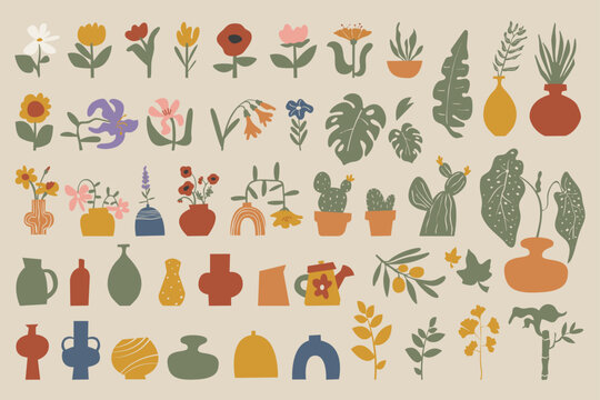 Modern abstract botanical bundle, quirky terracotta pots and flat floral shape elements, Vector illustration