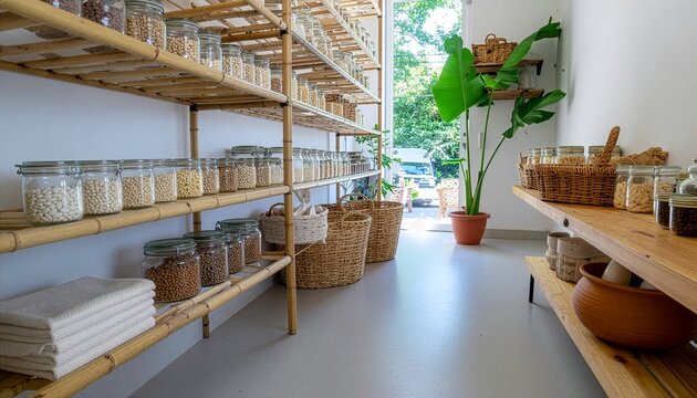 Modern zero waste grocery store interior with bulk food jars