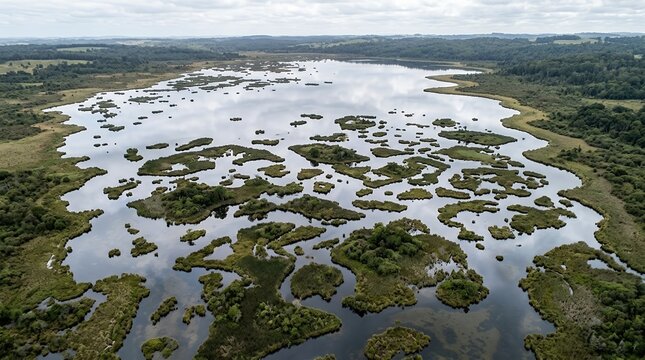 Scenic Aerial Drone Shot of a Beautiful Wetland Landscape Featuring Grassy Islands and Sky Reflections on Calm Lake
