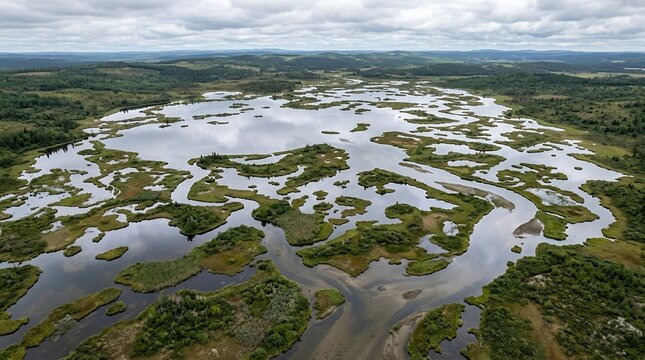 Aerial View of Vast Wetland Ecosystem with Scenic Water Reflections and Green Islands Under a Cloudy Sky Landscape