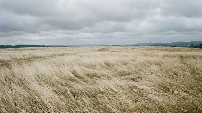 Wide Expansive Field of Dry Yellow Grass Blowing in the Wind Under a Dramatic Overcast Stormy Sky in the Countryside