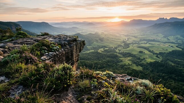 Golden Hour Sunrise Landscape with a Rocky Cliff Foreground Overlooking a Vast Green Valley and Distant Mountains