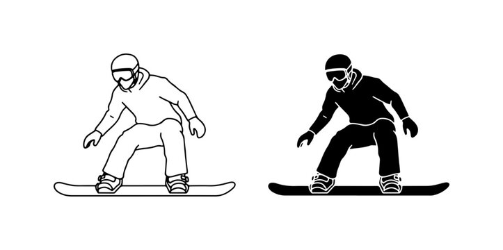 Snowboarder Silhouette, Line Art Icon, Winter Sport Action, Extreme Sports Vector