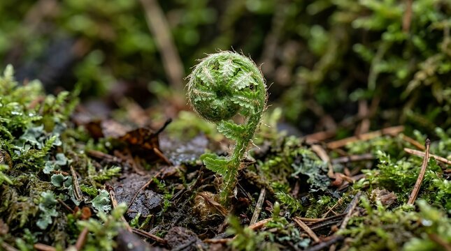 Macro Shot of a Young Fern Fiddlehead Emerging from a Lush Green Mossy Forest Floor in Early Spring Season Growth