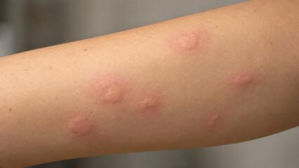 Fototapeta premium Close up of a forearm with multiple raised red welts and bumps, illustrating skin irritation, swelling, itching, allergic reaction, and dermatology symptoms.
