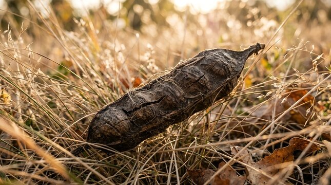 Close up of a dry seed pod in golden autumn light on a meadow with soft bokeh background and warm sunshine glow