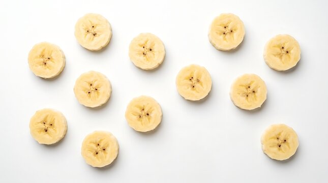 Sliced bananas arranged in a pattern on a white background